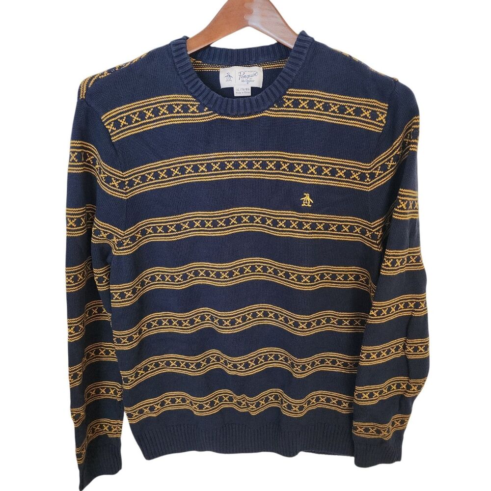 Original Penguin Munsingwear Mens XL Navy Blue Yellow Fair Isle Crewneck Sweater